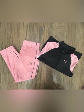 PUMA Girls 2pc Pink Black Tricot Tracksuit Jacket Pants Set Size 6